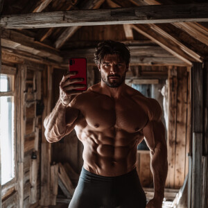 The image portrays a muscular man taking a selfie in what appear...