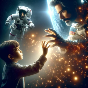 A debonair Mexican American man who is an astronaut reaches for...