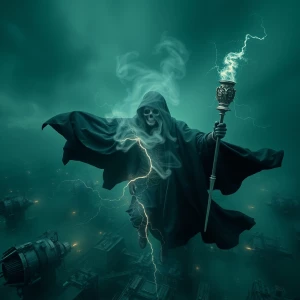 In the haunting world of dieselpunk, an astral necromancer emerges in an aerial photograph, commanding the skies with an air of mystique. The main subject of the image is a figure shrouded in billowing black robes, their face hidden behind a swirling mist of ghostly energy. The photograph is a high-definition digital rendering, capturing every intricate detail with stunning clarity. The necromancer's metallic staff crackles with otherworldly power, casting an eerie glow over the mechanical landscape below. The contrast between the darkness of death and the gleaming technology of the world around them creates a mesmerizing visual spectacle that draws viewers into a realm of dark fantasy.