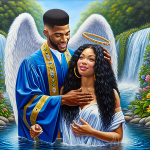 An oil painting depicting a light-skinned African-American pasto...