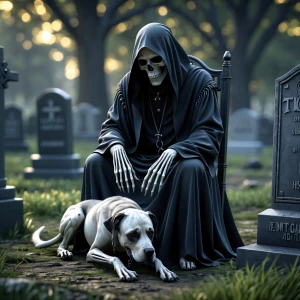 Create a realistic photo-style image of the Grim Reaper seated s...