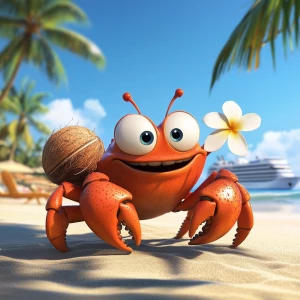 Create a charming cartoon image of a female red crab with a coco...