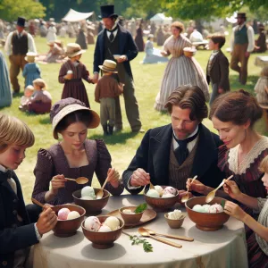 A smallg family of white Americans in period-appropriate attire...