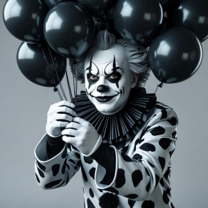 A clown wearing a monochrome feline-inspired costume with coordi...