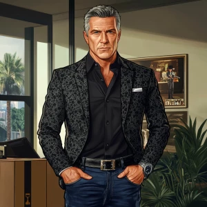 A middle-aged man with short, neatly styled gray hair and sporti...