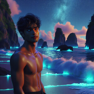 3D image of a beautiful night at the beach. There are glowing li...