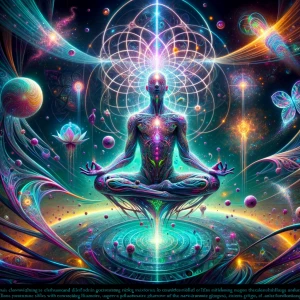 A crystalline posthuman floats in
lotus pose, suspended within...