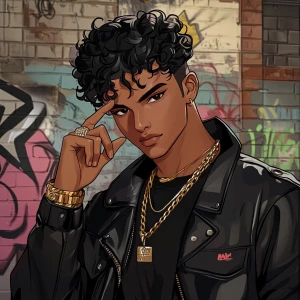 A character with short, curly hair styled in a high fade, wearin...