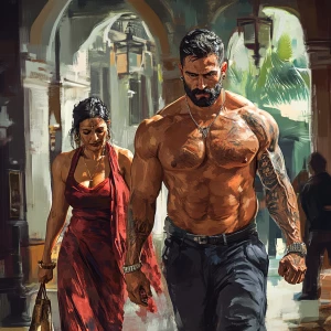 Digital art HD 1:1.A sweaty  man walking with his 54 year old ho...