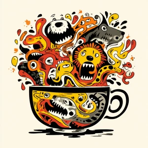 hand-drawn coffee cup overflowing with swirling steam transformi...