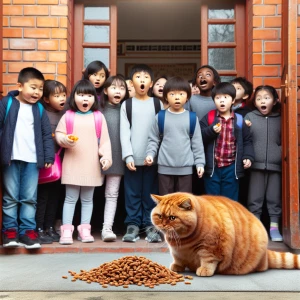 A fat cat eating snacks in front of a school scaring children