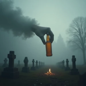 A spectral hand emerging from billowy clouds above a fog-enshrou...