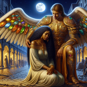Create an oil painting image featuring a male angel and a grievi...