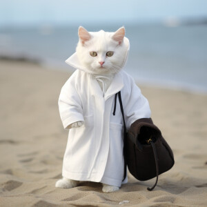 A white kitten with black eyes wearing a white robe wearing sand...