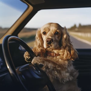 Cream Cocker spaniel behind steering wheel in car driving car. Dog holding onto steering wheel driving down road View of front of car . Dig looking out front window. Hood of . View outside of car