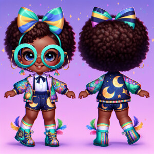 A chibi-style image of an African American 3-year-old girl, stan...