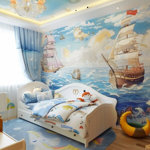 Обои для детской комнаты с морским миром в стиле минимализм и па...