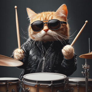A cat wearing sunglasses and a black jacket is playing a drum ki...