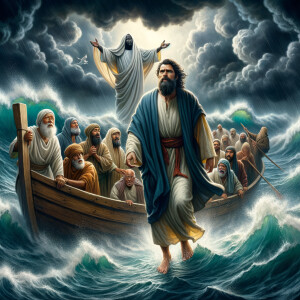 African-American Jesus telling Peter to come walk on the water,...