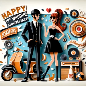 ‘Happy 19th Anniversary!’ Written
A 60s mod vibe with a tan male...