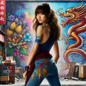 Attractive, Asian teenage girl, long brown hair and bangs, wearing tight skinny jeans and a halter top paint marks on her clothing, backside view heroic pose Asian graffiti