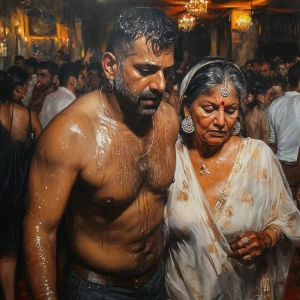 Hyperrealism ,a muscular beefy sweaty man walking with his 50 y...