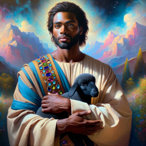 Oil painting of an African-American man resembling Jesus Christ,...