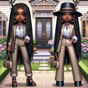 A chibi-style African American woman with long braids standing i...