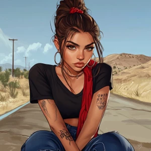 girl with brown hair, thick eyebrows, pumped up lips, potato nos...