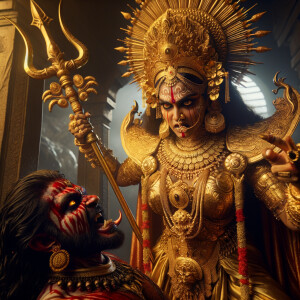 portrait of angry looking, indian goddess lunging at a weak mahi...