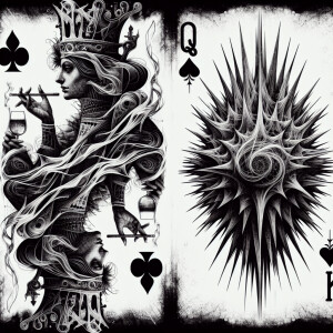 A queen playing card with a pik shape behind a very detailed que...