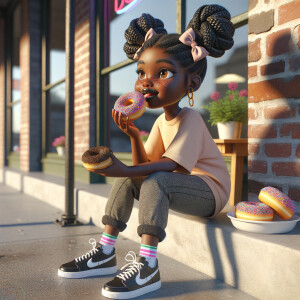 Create a caricature girl character. African American brown skin tone. sitting outside a donut shop eating sprinkled donuts. She’s wearing Tommy Hilfiger attire, tennis shoes, 4 long black braided ponytails with bows, vivid colors 4K HDR