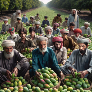 A group of 10 to 12 men are seen harvesting green mangoes in a m...