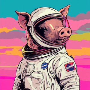Cute cartoon pig in vintage white spacesuit and NASA style helme...