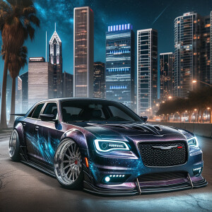 A metallic purple with Chrysler 300c with a wide body kit parked...