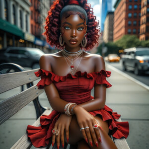 Enjoying a day out an alcohol ink of an African American slimthick toffee skin tone woman, brown siren eyes. Newyork City landscape sitting on a bench. She’s wearing a Red ruffled mini dress off the shoulders, red heels, rings, multiple necklaces, spice red low braid updo plus edges, full lips, long  nails, wispy long lashes, 4K HDR contrast colors