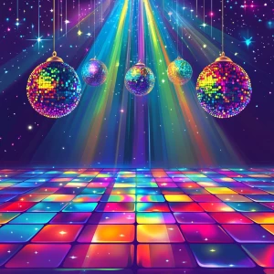 colorful disco club interior, vibrant glowing dance floor with m...
