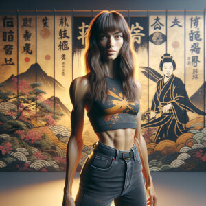 Athletic Thin skinny Attractive, Asian teenage girl, long brown hair and bangs, wearing tight skinny jeans and a halter top paint marks on her clothing, heroic pose Asian graffiti background,  backside view