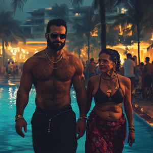 realism art style,a muscular beefy sweaty man  walking with his...