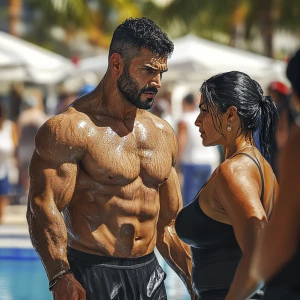 Create a realism photorealistic image of a muscular, sweaty man...