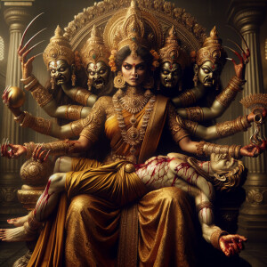 portrait of angry looking, four-armed indian goddess  sitting on a gold throne and carrying a weak mahishasur on her lap and poking his abdomen with her amazingly long red fingernails . She is wearing gold armor, a huge gold crown, gold saree, abundant  gold jewelry, covered in blood. The scene is set in ancient India. The image is 8K resolution, cinematic, photography, ultra detailed face and epic.