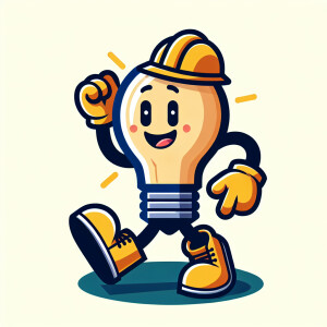 light bulb mascot wearing a worker helmet and boots, rendered in...
