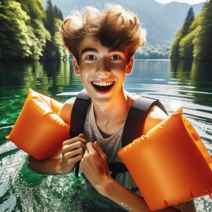 Teen boy wearing orange arm floaties in lake