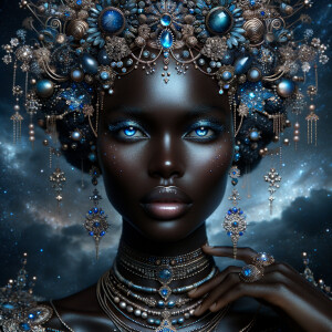 "Create a portrait of a regal African-American woman with an ethereal and cosmic theme. Her skin is a glossy ebony, with a smooth and flawless finish that reflects light. Her eyes are a striking electric blue, like sapphires, with a makeup that accentuates their shape and the intensity of their color. Her hair is styled into an intricate array of braids, coils, and twists that cascade down and frame her face, adorned with beads and jewels that catch the light. She wears an elaborate headdress made of swirling patterns and motifs that evoke the mysteries of the universe, studded with shimmering stones and intricate enamel work in hues of blue and gold. Her attire consists of a cascade of layered necklaces and a majestic, shoulder-grazing earring, each piece detailed with a mix of precious stones, metals, and intricate beadwork. The background is a tapestry of stars and nebulas, suggesting a connection to the cosmos. Her pose is serene, with a hand gracefully touching her chin, adorned with rings that complement her other jewelry, all coming together to suggest an aura of wisdom and grace."