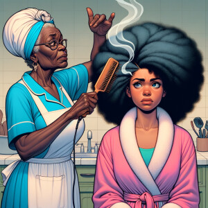 Create a realistic 3-D image of an african-American grandmother wearing a blue house dress and a white apron . She is in the kitchen with her african-American granddaughter. Her granddaughter is wearing a pink bath robe. The grandmother has a hot comb in her hand and she is straightening her granddaughters hair. One side of her granddaughters hair is in  a Afro the other straight 
There is smoke coming from the hot comb
The granddaughter is making a face