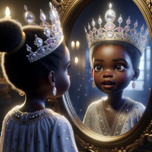 In a 3-D realistic world, a beautiful African-American child stands before a mirror. Her eyes widen as she gazes at her reflection, for the mirror reveals not just her own image but a majestic adult queen. The queen’s skin glows with regal elegance, her features exuding grace and wisdom. She wears a crown adorned with shimmering jewels, each gem reflecting the light like a thousand stars.
The child’s wonder deepens as she realizes that the queen in the mirror is none other than her future self—a powerful ruler who wears her heritage with pride. The mirror whispers secrets of destiny, urging her to embrace her potential and become the queen she sees.
And there, in this magical moment, the child and the queen share a silent pact: to honor their roots, uplift their people, and wear their crowns with unyielding strength.