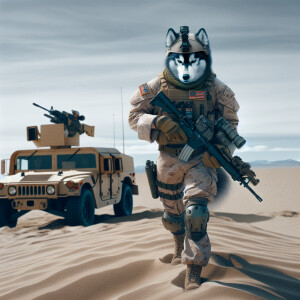 Create a realistic image of a husky as a human US Marine strolli...