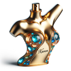 Create a 3-D realistic gold and  blue, colorful jewels perfume bottle
In the shape of a women’s body with the name Karen