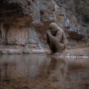 A humanoid looking hair covered sasquatch on its knees dri king...