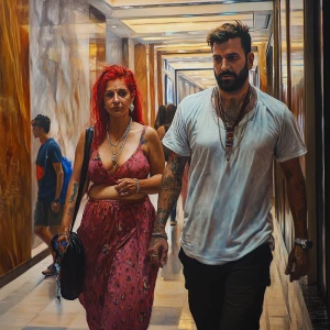 realistic painting.A sweaty beefy man walking with his 54 year o...